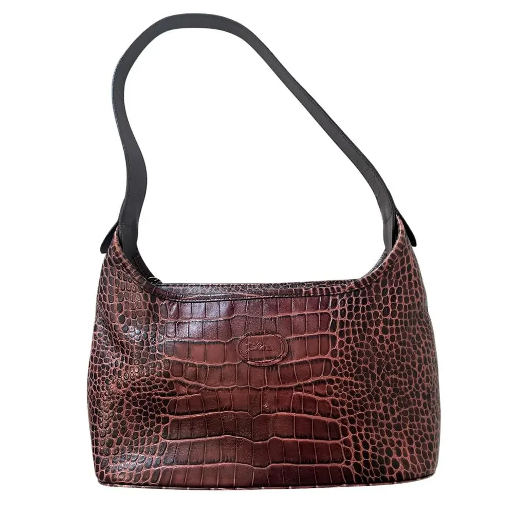 Longchamp Le Foulonné Vintage Burgundy Croc Embossed Leather Shoulder Bag Y2K